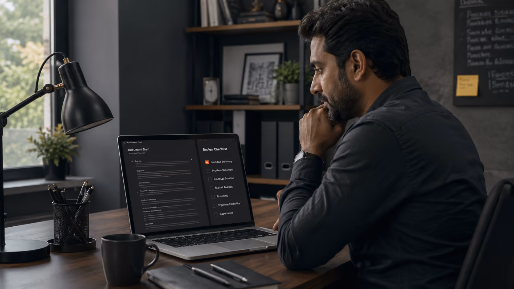 Owner reviewing draft copy and a checklist on a laptop in a small office