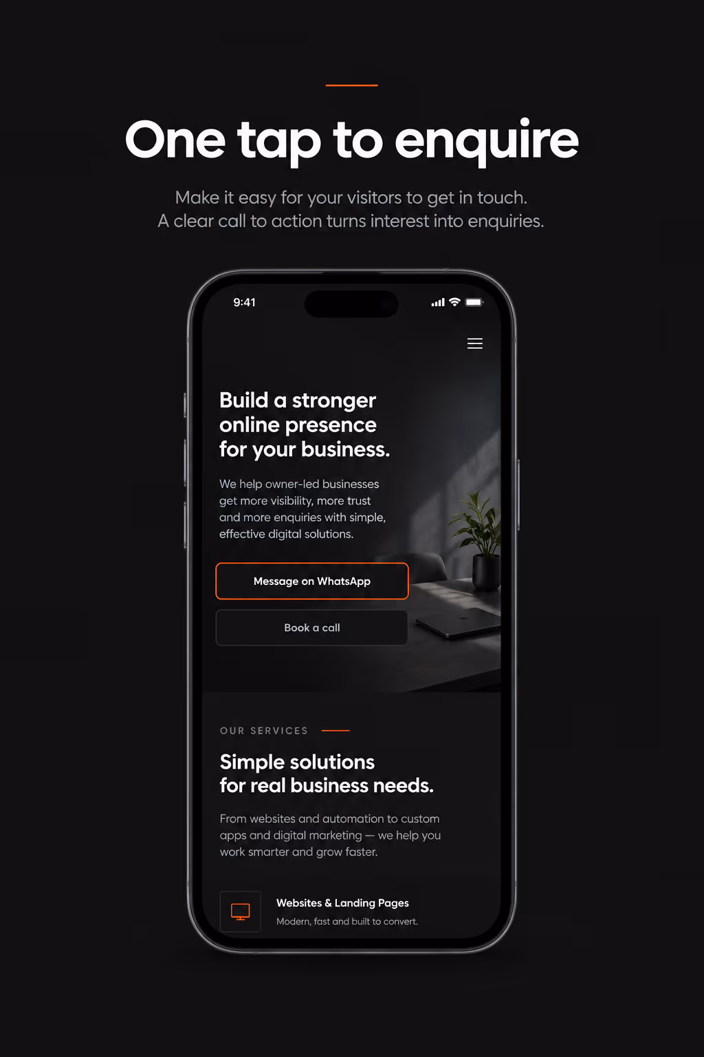 Mobile phone mockup showing a business website with a prominent WhatsApp and book consultation button above the fold