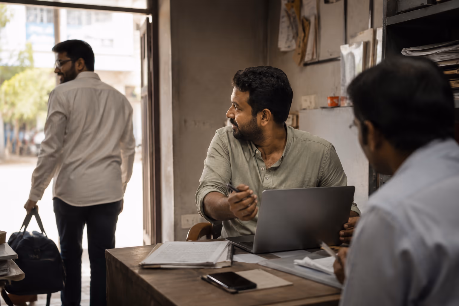 Busy business owner missing the moment to ask a happy customer for a Google review