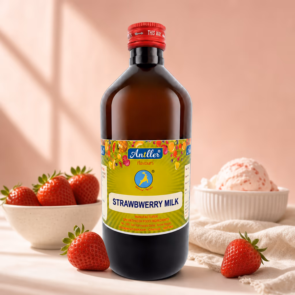 Final Antller bottle composite with strawberry milk label and flavour-matched AI backdrop