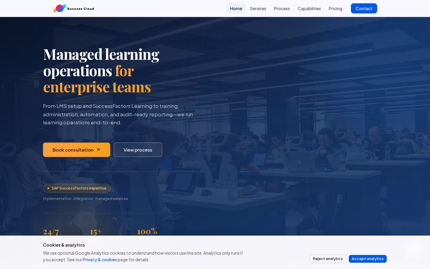 Success Cloud homepage with service summary and primary conversion path