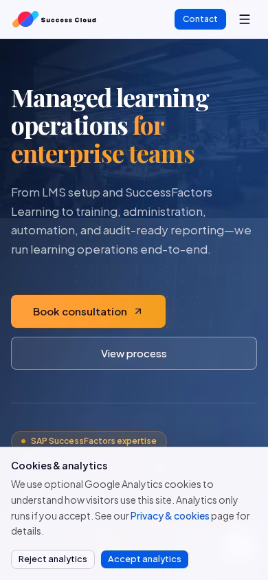 Mobile view of Success Cloud website with readable sections and prominent CTA